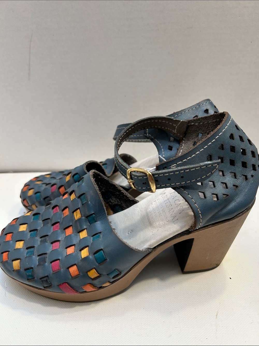 Blue Woven Leather Mary Jane Heel with Multicolor Insets